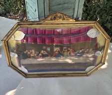 Vintage Last Supper 3D Diorama Wall Art Convex Bubble Glass Foil Pink Ribbon 18