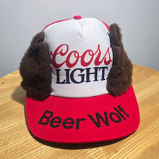 DEADSTOCK Coors Light Beer Wolf Red/White Trucker Hat with Ear Flaps Breweriana picture