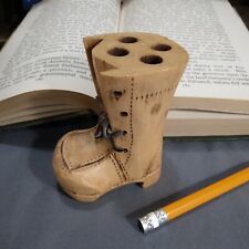 Vtg Hand Carved Boot Pencil Holder w/Leather Shoelace Kitsch Office Desk Décor picture
