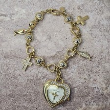 Vintage Waltham Heart Charm Bracelet Watch Gold Tone Cross Ichthys Christian picture