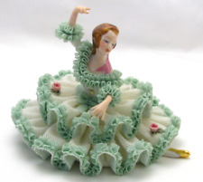 Vintage Dresden Porcelain Lace Ballerina Germany White with Mint Green Trim 368D picture