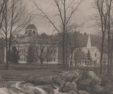 Buildings Tall Trees Church River RPPC Postcard Dam Waterfall Gazebo Riverbank picture