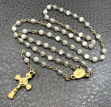 VTG Catholic Rosary Necklace Moonstone Glass Beads Crucifix Gold Tone Pewter 18” picture