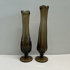 Vintage Westmoreland Glass Set Of 2 Brown Rootbeer Swung Bud Vases 11-12” Tall picture