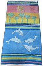 Vintage 70s 80s Rainbow Stripe Palm Tree Reversible Beach Towel Brazil Dolphins picture