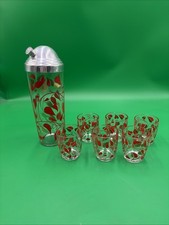 Vintage MCM Gay Fad Red Gold Leaf Cocktail Shaker Pitcher 6 Roly-Poly Glasses picture