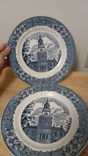 Set of 2 CAVALIER IRONSTONE ROYAL CHINA DINNER 10 IN PLATE BUILDING BLUE WHITE picture