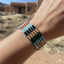 Native American Anson & Leticia Wallace Zuni Sterling Multi Stone Cuff Bracelet picture