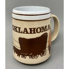 Vintage Souvenir Oklahoma Mug Stoneware Cup, Cattle, Wagon, Native American picture