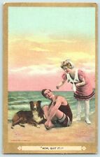 Postcard~ Now, Quit It ~ Romance~ Beach Scene~ Flirty Girl, Annoyed Boy, & Dog picture