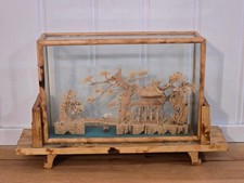 Vintage Chinese Cork Carving Diorama Burnt Bamboo Glass Case 7