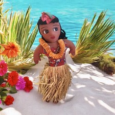 Vintage Hawaiian Hula Girl Souvenir Cloth Doll Grass Skirt Lei Hand Painted Face picture