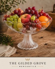 Vintage Frosted Floral Pedestal Fruit Bowl Compote Centerpiece Pressed Glass 10” picture