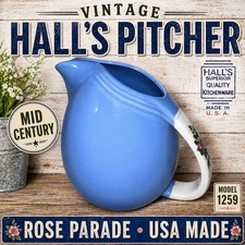 Vintage Hall’s Rose Parade 1259 Blue Water Pitcher 20 oz USA Pottery picture