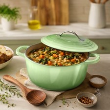 7.5 QT Round Green Dutch Oven Enameled Cast Iron Pot w/ Mitts Trivet Stew Baking picture