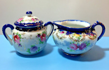 Antique Hand Painted Nippon Cobalt Blue & Pink Rose Gold Sugar and Creamer Set picture