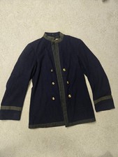 Vintage Military Style Wool Dress Tunic Jacket Brass Buttons Blue Green Trim 34 picture
