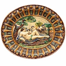 Antique French Majolica Wall Plaque Oval Relief Ceramic Renaissance Style picture