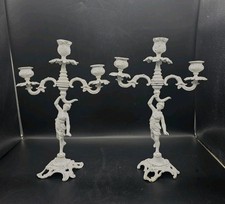 2 Vtg/Atq Cast Metal White Paint Victorian Lady 3 Arm Candleabra Matching Set picture