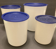Tupperware One Touch Canister Set White w/Blue Lids 2416, 2418, 2420, 2422 -VTG. picture