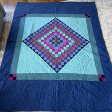 Vtg Amish Trip Around The World Quilt Teal Blue Purple picture