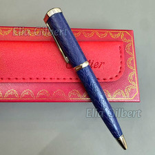 CARTIER Blue Engraved Gold Trim Ballpoint Pen Luxury Writing Gift w/ Pouch picture