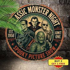 Classic Horror Movie Monsters Halloween Round Tin Sign Spooky Game Room Wall Art picture