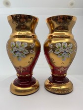 Bohemian Czech Ruby Red Gold Vases Pair Hand Painted Enamel Floral 8.5