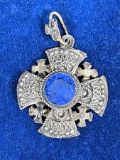 Vintage Ornate .909 Silver Crusaders Jerusalem Cross Pendant Blue Glass Stone picture