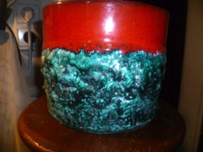 Marei Pottery Fat Lava Foam Glaze Red/Green Flower Pot Circa 1960 From Displa... picture