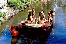 Women on Boat in Pageant of the Long Canoes, Laie Oahu Hawaii: 1970's 35mm Slide picture
