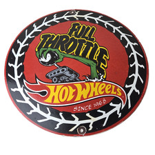 Vintage Hot Wheels Sign - Full Throttle Die Cast Cars Porcelain Gas Pump Sign picture