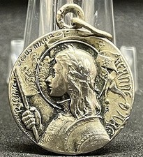by Lasserre France 1920´ antique Jesus Mary Joan of Arc silver medal beautiful picture