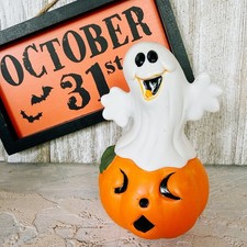 Vintage Halloween Ceramic Figurine Ghost on JackOLantern Pumpkin Autumn Decor picture