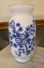 Hand Decorated(?) White Frosted Satin Glass Vase Blue Flowers Gold Trim 10