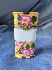 Limoges France Peint Main Hinge Trinket Box Cylinder Vase Needle Case 4/500 picture