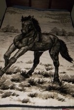 VTG Cannon Ibena Reverseable BLACK BEAUTY Horse 60 X 80 Plush Blanket/Throw New picture