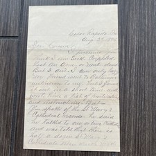 Antique 1896 Handwritten Cursive Letter Document Cedar Rapids Iowa picture