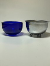 Vintage English Footed Open Salt Cellar with Cobalt Blue Glass Liner Chrome picture