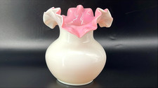 Vtg Uranium Glass Vase Pink Ruffled Rim Hand Blown Pontil Base Glows Under UV 5