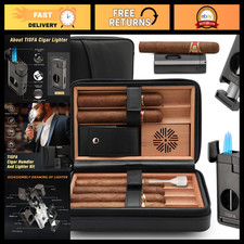 Portable Leather Cedar Wood Cigar Humidor Case with Lighter & Cutter - 3 in 1 picture