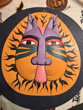 VTG Laurel Burch Style Large CAT FACE Mask Wall Art Hand Carved Painted Bali picture
