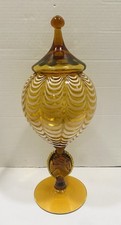 Vtg Empoli Amber Art Glass Apothecary Jar Circus Tent Lid Rare Cameo Stem Draped picture