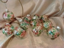 VTG Lot 11 Hand Painted Xmas Ornaments, Flowers & Leaves Trimmed Mica Glitter  picture