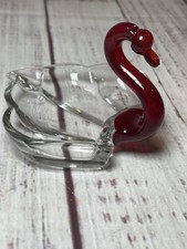 Vintage Ruby Red Head & Neck w/ Clear Body Art Glass Swan Dish Ashtray picture