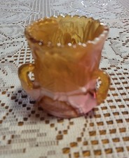 Vintage Peach Slag Glass Swan Pattern Toothpick Holder 3 Handle 2.5
