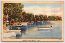 c1948 Greetings From Defiance Ohio Vintage OH Boating Fishing Scene Postcard picture