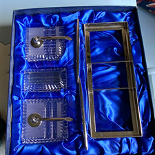Waterford Crystal & Metal Desk Set Pen Holders, Letter Tray, Inkwell Wells, Box picture