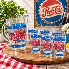 Vintage 1970s Pepsi Cola Pitcher & 6 Glasses Tiffany Style 12 Oz Barware Set picture