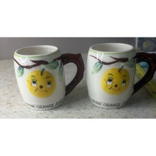 Vintage Japan Anthropomorphic Orange Juice Mugs Set of 2 Ceramic Kitsch Minicups picture